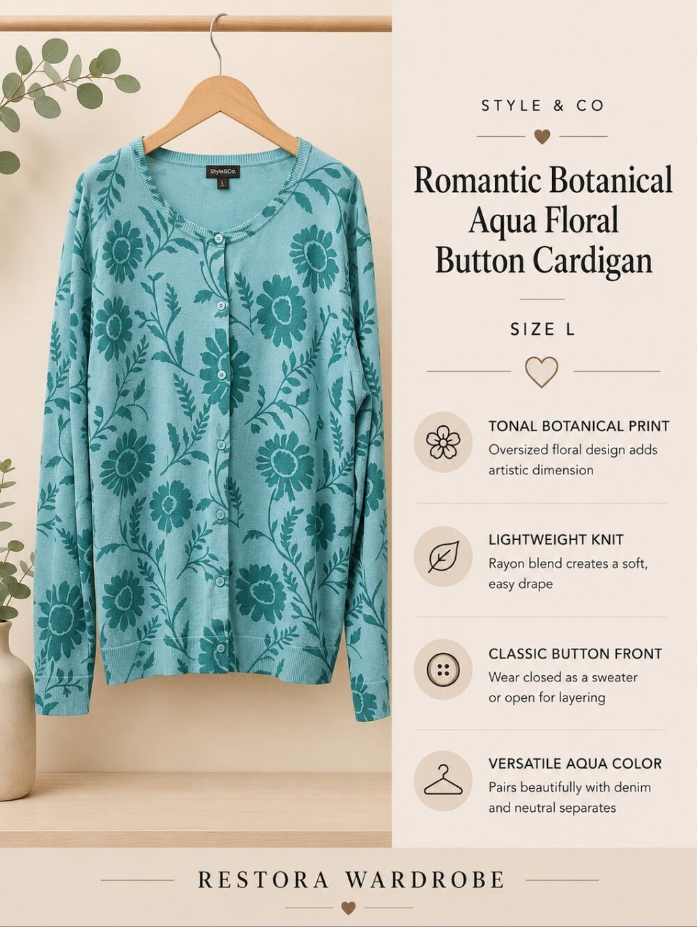 Style & Co Teal Botanical Floral Button Cardigan Cottagecore Size L